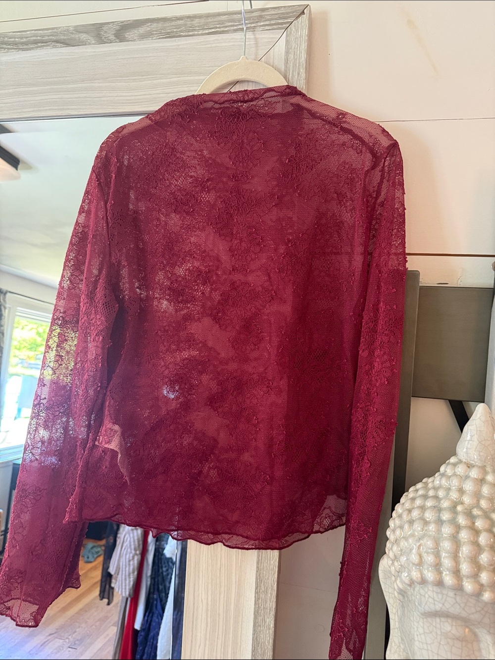 Sheer Lace Long-Sleeve Blouse in Wine